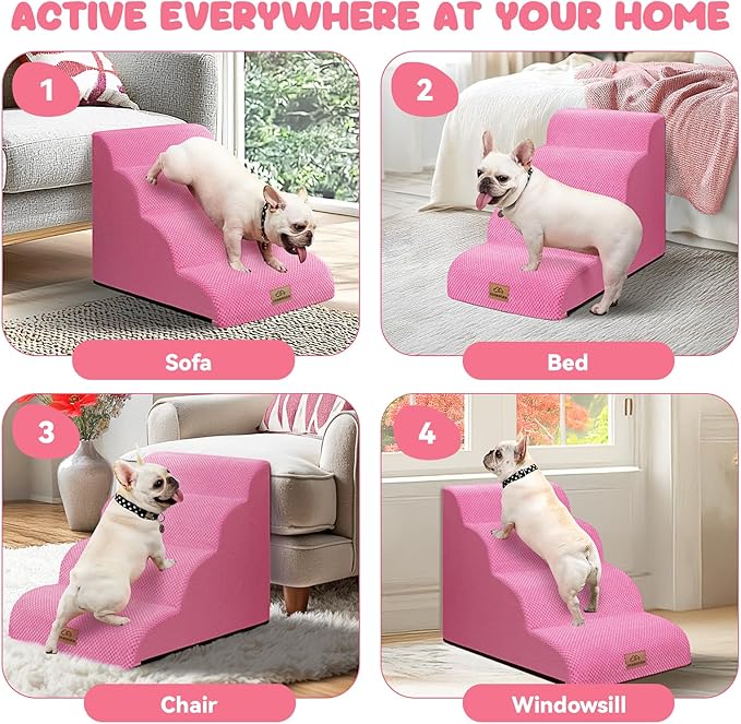 Dog Ramp and Stair for Bed 16" H-20 H,3-Step Cat Stair for Sofa and Chair,4-Step Dog Ramp for High Bed and Window,Durable Nonslip Fabric Cover for Indoor (Pink-20 H, Pet Friendly, 4)-PurrikoPets