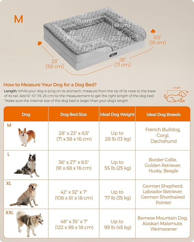 Feandrea Orthopaedic Dog Bed for Medium Dogs, Waterproof Dog Sofa Bed with Removable Washable Cover, 28 x 23 x 6.5 Inches, Dove Gray UPGW251G01-PurrikoPets