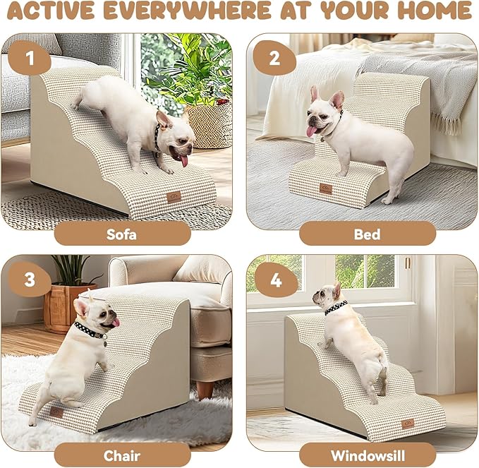 Dog Ramp and Stair for Bed 16" H-20 H,3-Step Cat Stair for Sofa and Chair,4-Step Dog Ramp for High Bed and Window,Durable Nonslip Fabric Cover for Indoor (Beige-20 H, Pet Friendly, 4)-PurrikoPets