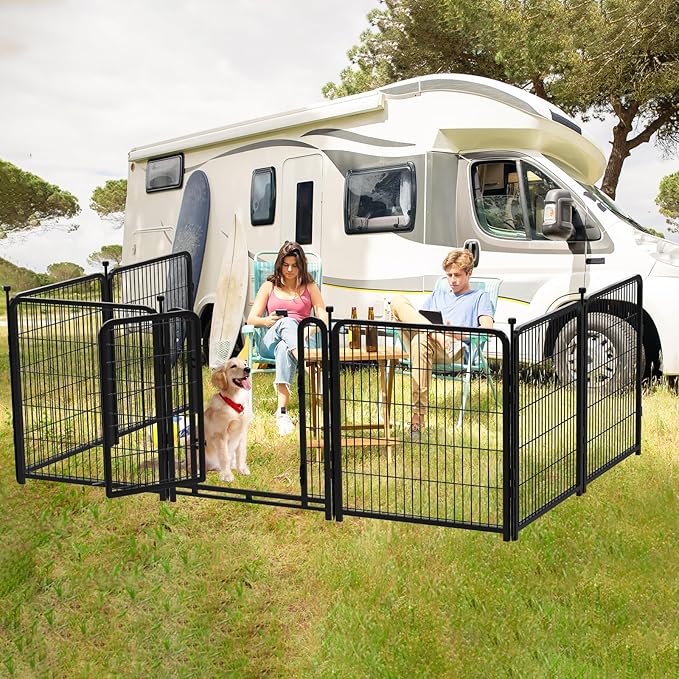 Dog Playpen 48inch 12 Panels, Puppy Playpen Indoors, Dog Fence Outdoor for Yard, Wide Door Low Threshold Garden Fence for Medium/Large Pets. Black Dog Pens Total 26.6 Ft(L)-PurrikoPets
