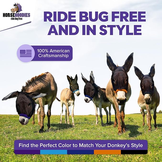 Donkey Fly Mask with Long Ears (Purple) Made in USA - Mule Fly Mask with Ears Protection from Insects and Bugs, Mini Donkey Soft Mesh Fabric with Adjustable Fastener, Face Cover Supplies for Donkeys-PurrikoPets