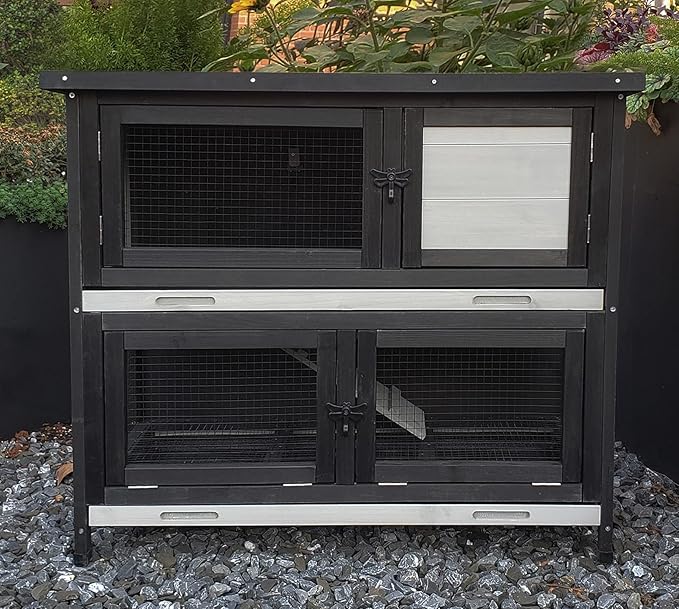 Double Level Solid Wood Rabbit Hutch Small Animal Cage for Rabbits, Guinea Pigs, Hedgehogs & Lizards Indoor/Outdoor– 2-Tier Eco-Friendly Habitat with Bedding Area, Durable & Easy to Clean-PurrikoPets
