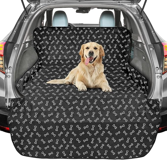 F-color SUV Cargo Liner for Dogs, Water Resistant Pet Cargo Cover Dog Seat Cover Mat for SUVs Sedans Vans with Bumper Flap Protector, Non-Slip, Large Size Universal Fit, Bone-PurrikoPets