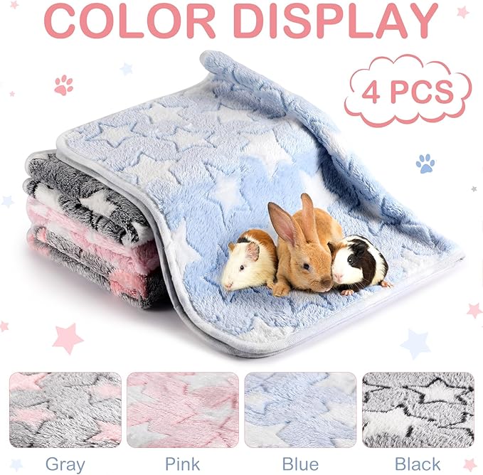 4 Pcs Waterproof Guinea Pig Blankets Washable Small Animal Fleece Bedding Absorbent Guinea Pig Cage Liners Reusable Pet Pee Pad Sleep Mat Pad Cover for Hamster Ferret (Cute Star Pattern, 24 x 16 Inch)-PurrikoPets