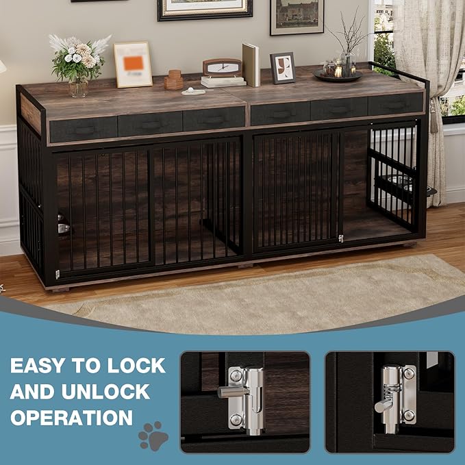 86.6Inch Large Double Dog Crate Furniture,Heavy Duty Metal Frame Dog Crate Kennel with Adjustable Feeder Bowls and Removable Divider&Drawers,Chew-Resistant Dog Kennel for 2 Dogs Indoor-PurrikoPets
