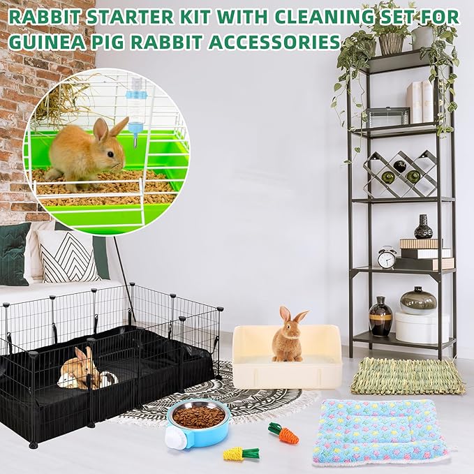 104 Pcs Rabbit Starter Kit Litter Box Bunny Tunnel Pet Playpen with Waterproof Mat Water Bottle Animal Grooming Kit Bowl Blankets with Cleaning Set for Guinea Pig Rabbit Accessories-PurrikoPets