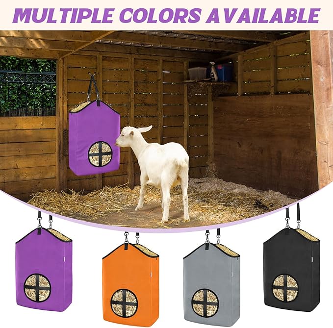 3 PCS Goat Hay Feeder,Hay Bags for Horses,Goats,Donkeys with Reinforced Oxford Fabric and High Strength Metal Clasp,Horse Feeding Supplies with Adjustable Strap for Easy Hanging(2Purple+1Orange)-PurrikoPets