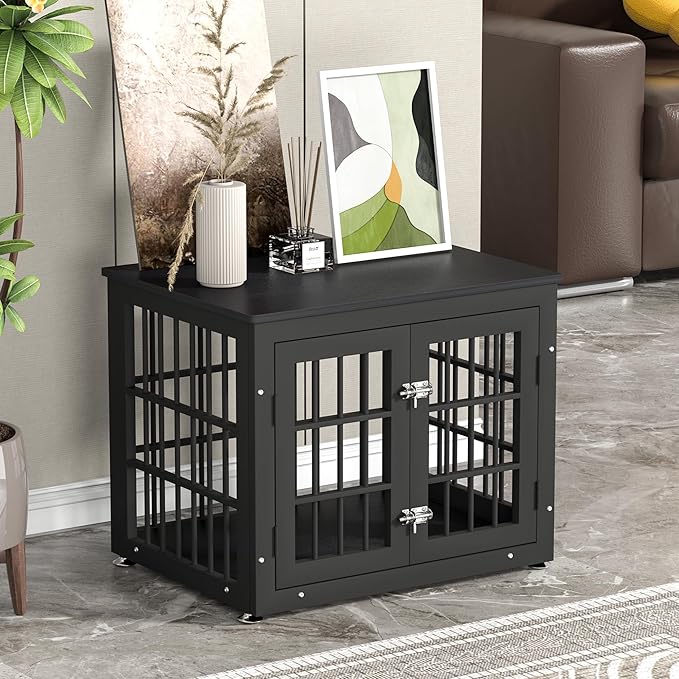 26 Inch Heavy Duty Dog Crate Furniture for Small Dogs, Decorative Pet House End Table, Wooden Cage Kennel Furniture Indoor, Black-PurrikoPets