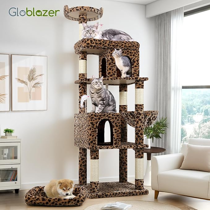 Globlazer Heavy Duty Cat Trees for Large Cats, Sturdy 72in Maine Coon Cat Tree for Large Cat 20 lbs+ Heavy Duty Cat Tower for Adult Biggest Cats with 6 Scratching Posts, Hammock, S72, Leopard Print-PurrikoPets
