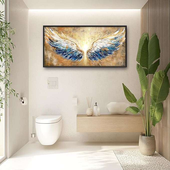 Extra Large Angel Wings Framed Wall Art for Living Room,Oversized Golden Wings Pictures Wall Decor,Holy Gold Blue Canvas Print Painting Modern Artwork Bedroom Office Bathroom 60L" x 30W"-PurrikoPets