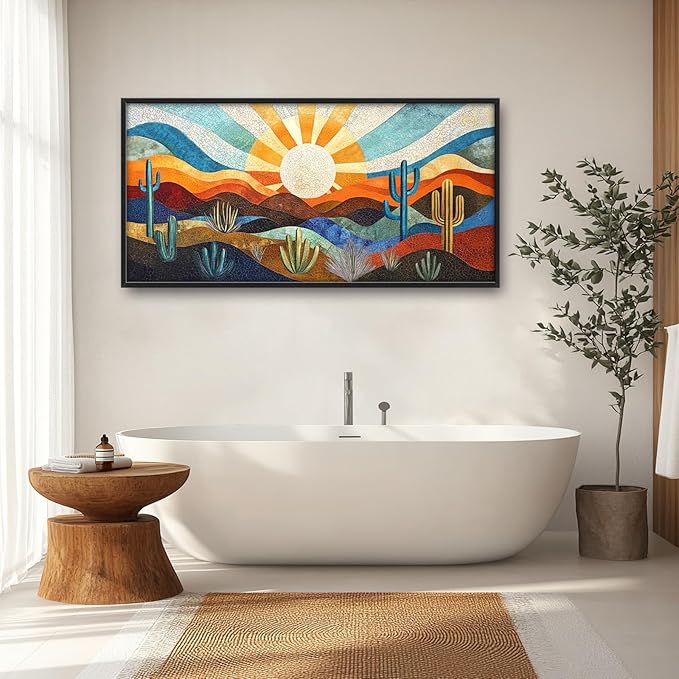 Extra Large Framed Abstract Boho Desert Wall Art, Sun Cactus Landscape Wall Decor Pictures for Living Room,Cacti Canvas Print Painting Modern Artwork Bedroom Office Bathroom Home Decor 60L x 30W-PurrikoPets