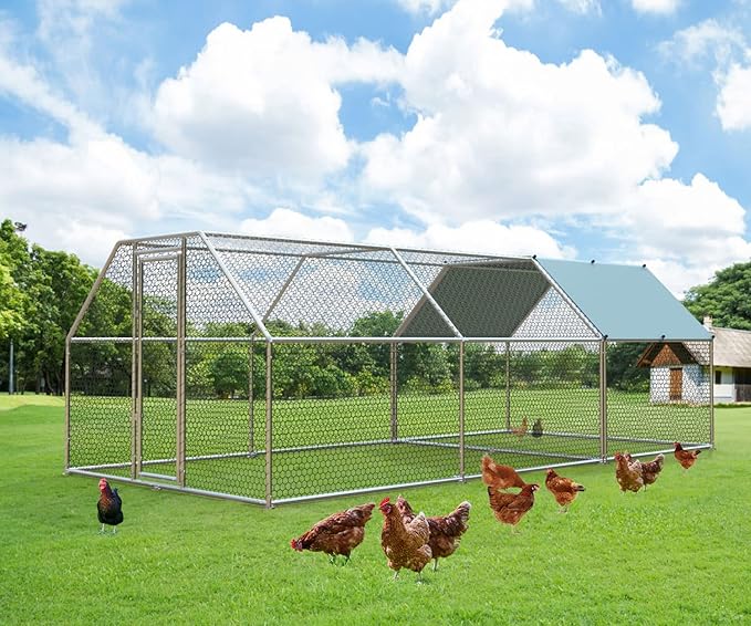 4ever2buy 1.26’’ Large Metal Chicken Coop Run Walk in, Chicken Pen for Chickens, Outdoor Chicken Runs Coops, Flat Roofed Chicken Runs for Yard with Anti-Ultraviolet Cover (9.2’L x18.7’Wx 6.4’H)-PurrikoPets