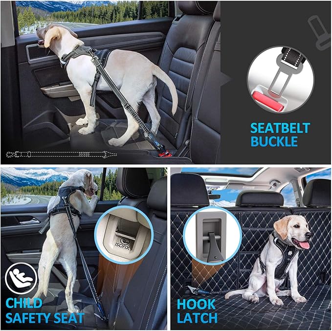 Dog Seat Belt 3-in-1 Car Harness for Dogs Adjustable Safety Seatbelt for Car Nylon Reflective Bungee Fabric Dog Car Harness with Clip Hook Latch & Buckle, Swivel Zinc Alloy Carabiner (Black)-PurrikoPets