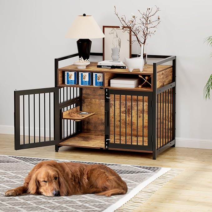 Furniture Style Dog Crate with Storage, 41 Inch Dog Crate Furniture with Double Doors, 2 Stainless Steel Bowls, Dog Crate Furniture-Style Crate for Large/Medium Dog-PurrikoPets