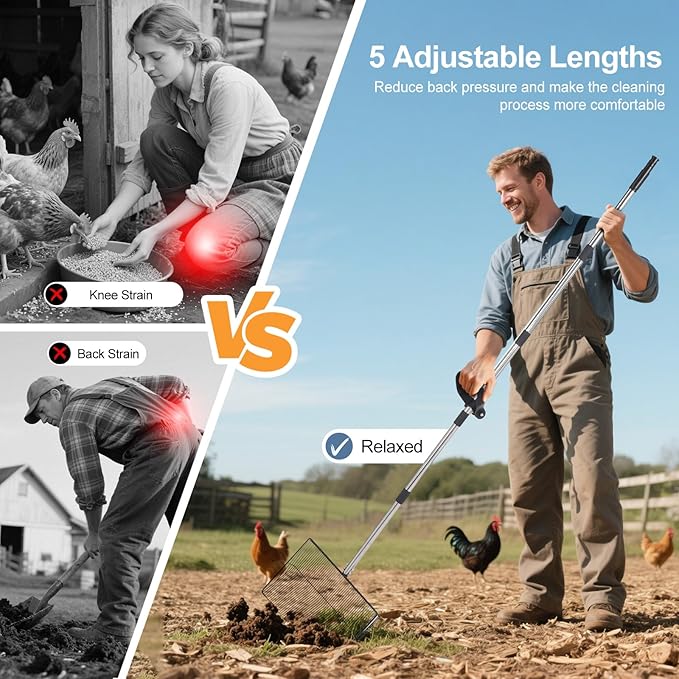 15" Widely Chicken Coop Poop Scooper- Ergonomic Chicken Poop Scooper with 38" to 77" Adjustable Long Handle, Extra-Large Scoop for Sand and Litter, Easy-to-Clean, Multi-Scene Use for Poultry-PurrikoPets