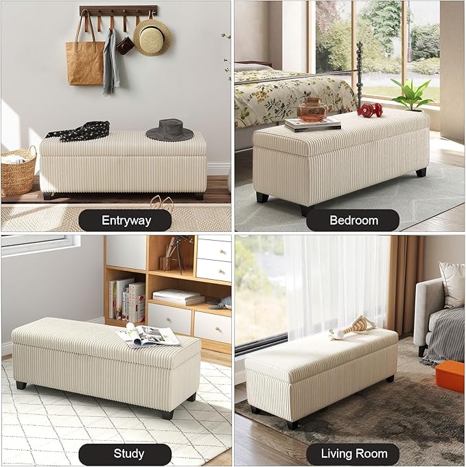 48" Ottoman with Storage, Corduroy Storage Ottoman Bench for Bedroom, End of Bed Bench with Safety Hinge for Living Room, Bedroom, Entryway, White-PurrikoPets