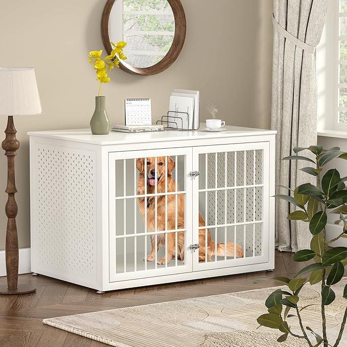 48" Heavy Duty Dog Crate Furniture for Large Dogs, Metal Cage for High Anxiety Dogs, Wooden Kennel Furniture Indoor, Decorative Dog Kennel End Table, XL,White-PurrikoPets