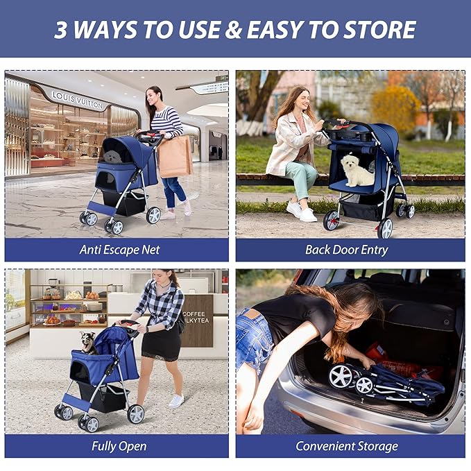 4 Wheels Pet Stroller for Small Medium Dogs Cats 10-33 lbs, Foldable Dog and Cat Stroller with Cup Holder & Storage Basket & Breathable Mesh, Pet Strolling Cart for All-Season, Navy Blue-PurrikoPets