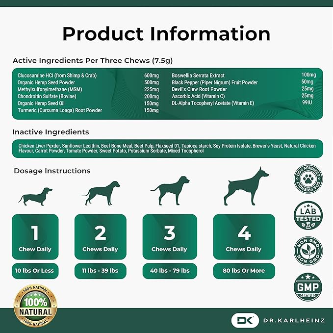Glucosamine for Dogs - Max Strength Hip and Joint Supplement for Dogs - MSM, Chondroitin, Hemp Oil, Turmeric - Mobility Support and Pain Relief - 120 Chewable Tablets (Chicken Flavor)-PurrikoPets