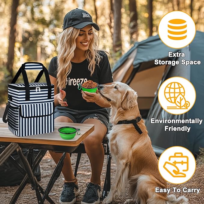 Dog Travel Bag for Camping - Pet Travel Accessories with 2 Collapsible Bowls, 2 Food Containers & Waterproof Feeding Mat - Portable Dog Carrier, Stripe (Small)-PurrikoPets