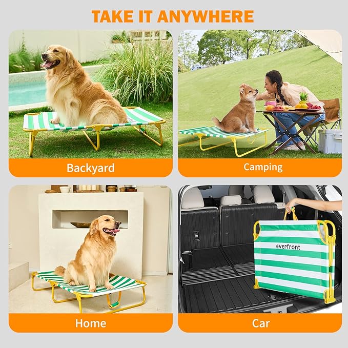 Dog Elevated Bed Foldable Portable Raised Bed Camping cot Outdoor Summer Dog Bed (Large, GreenStripes-Oxford Fabric)-PurrikoPets