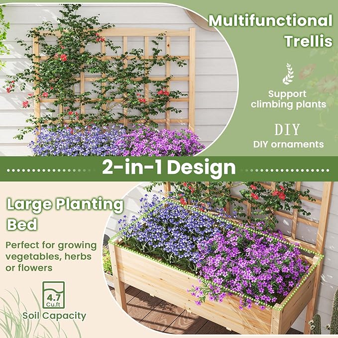 Giantex Raised Garden Bed with Trellis, Wooden Elevated Planter Box with Legs, Drainage Holes for Climbing Plants Vines Vegetables Flowers Herbs, Outdoor Horticulture Planter for Patio Yard (Natural)-PurrikoPets