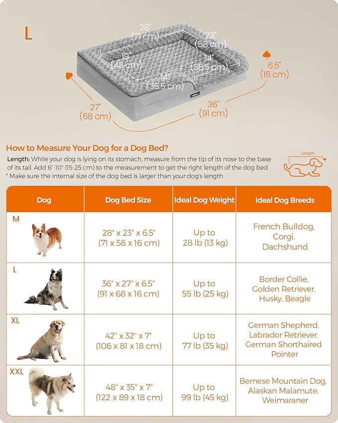 Feandrea Orthopaedic Dog Bed for Large Dogs, Waterproof Dog Sofa Bed with Removable Washable Cover, 36 x 27 x 6.5 Inches, Dove Gray UPGW252G01-PurrikoPets