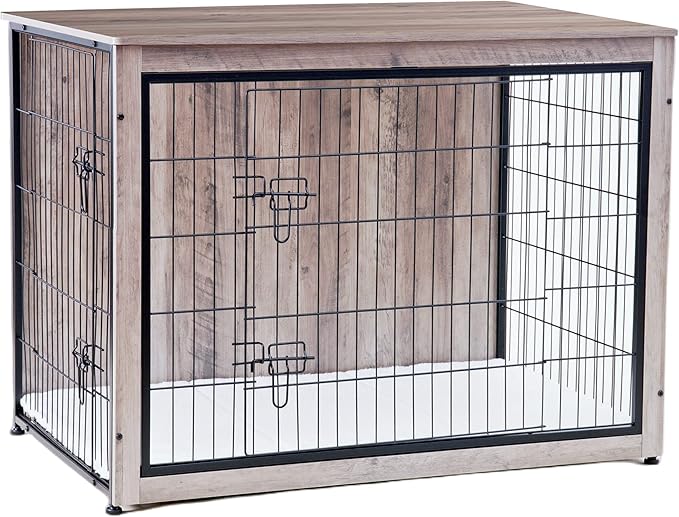DWANTON Dog Crate Furniture with Cushion, Wooden Kennel Table with Double Doors, Indoor Dog House, Extra Large Size, 43.3" L, Greige-PurrikoPets