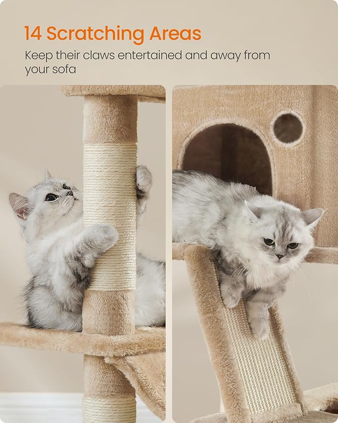 Feandrea Cat Tree, 81.1-Inch Large Cat Tower with 13 Scratching Posts, 2 Perches, 2 Caves, Basket, Hammock, Pompoms, Multi-Level Plush Cat Condo for Indoor Cats, Camel Brown UPCT190K01-PurrikoPets