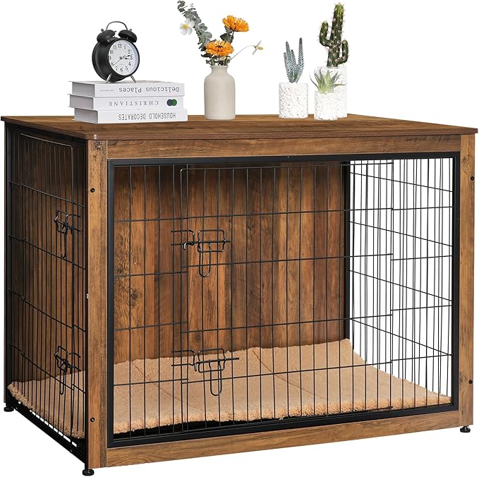 DWANTON Dog Crate Furniture with Cushion, Wooden Kennel Table with Double Doors, Indoor Dog House, Extra Large, 43.3" L, Warm Brown-PurrikoPets