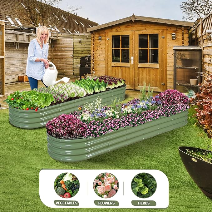 Galvanized Raised Garden Bed - 8x2x1FT Metal Planter Boxes Outdoor | Oval Steel Raised Bed Kit for Gardening with Protective Tape, Bracing Rods, Gloves for Vegetables, Flower, Herb (Green)-PurrikoPets