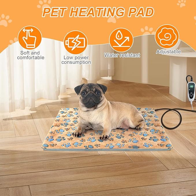 Dog Heating Pad,47×30 in Waterproof PVC Large Heating Pad for Dogs,Smart Thermostat Heated Dog House,Reinforced Interface + Wire Rope Whelping Box for Dogs,Plush Fabric Cover-Apricot-PurrikoPets