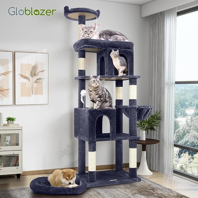 Globlazer Heavy Duty Cat Trees for Large Cats, Sturdy 72in Maine Coon Cat Tree for Large Cats 20 lbs+ Heavy Duty Cat Tower for Adult Biggest Cat with 6 Scratching Posts, Hammock, S72, Smoky Gray-PurrikoPets