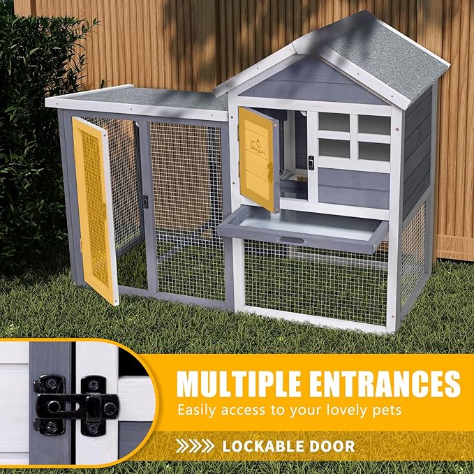 GEGURI Large Rabbit Hutch Indoor Outdoor Chicken Coop Wooden Bunny Cage with Waterproof Roof (48''L x 24''W x 36''H Grey)-PurrikoPets