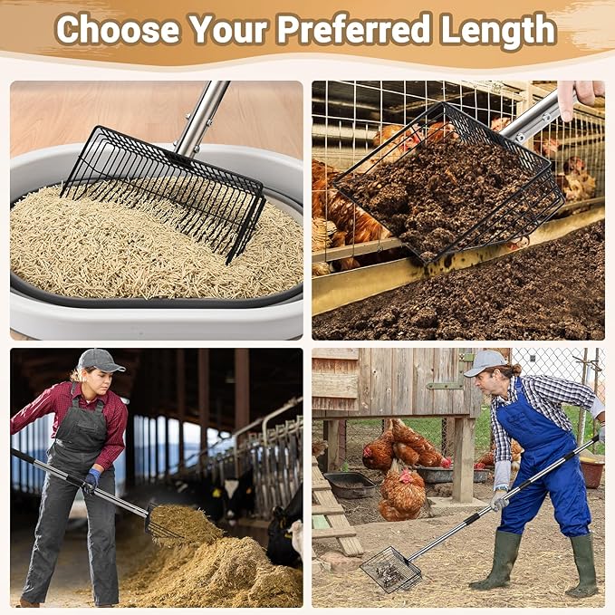 10inch Large Metal Chicken Poop Scooper, 24 to 68" Long Chicken Coop Litter Scoop with Stainless Steel Handle, 4 in 1 Multifunctional Heavy Duty Litter Sifting Shovel Chicken Coop Accessories-PurrikoPets