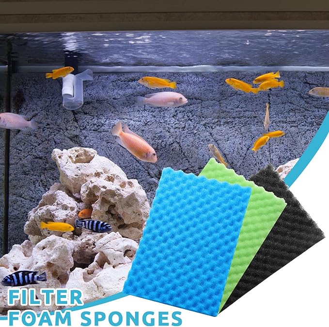 9 Pcs Fish Pond Foam Aquarium Filter Sponge Wave Shape Coarse Foam for Fish Tank Sump Pond 17 x 11 Inch x 1/2 to 1 Inch, Black, Green, Blue-PurrikoPets