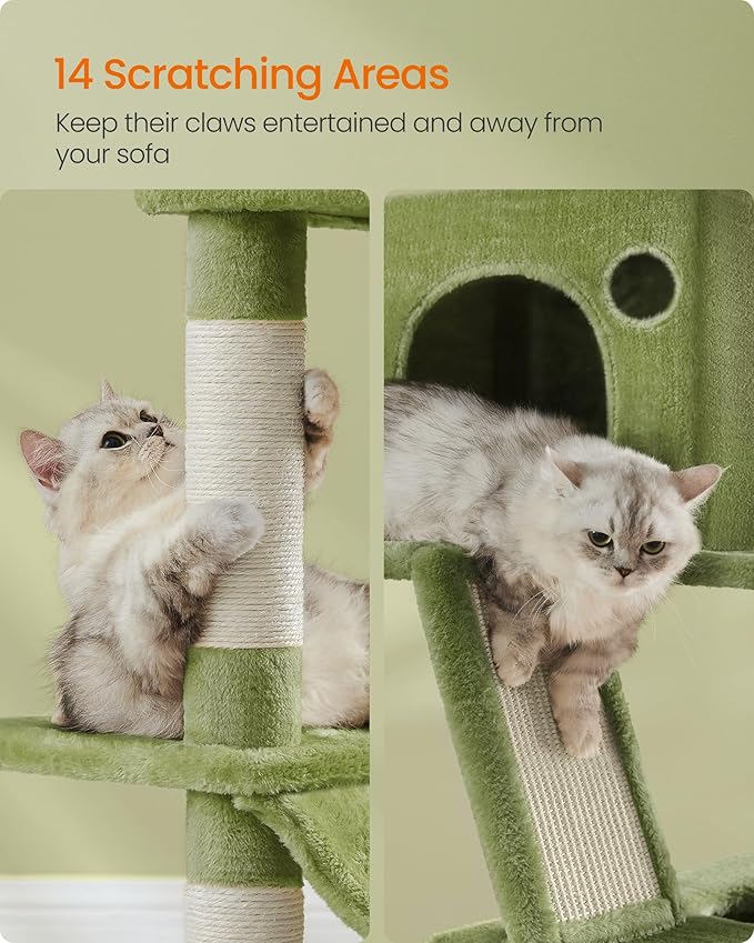 Feandrea Cat Tree, 81.1-Inch Large Cat Tower with 13 Scratching Posts, 2 Perches, 2 Caves, Basket, Hammock, Pompoms, Multi-Level Plush Cat Condo for Indoor Cats, Green UPCT190C01-PurrikoPets