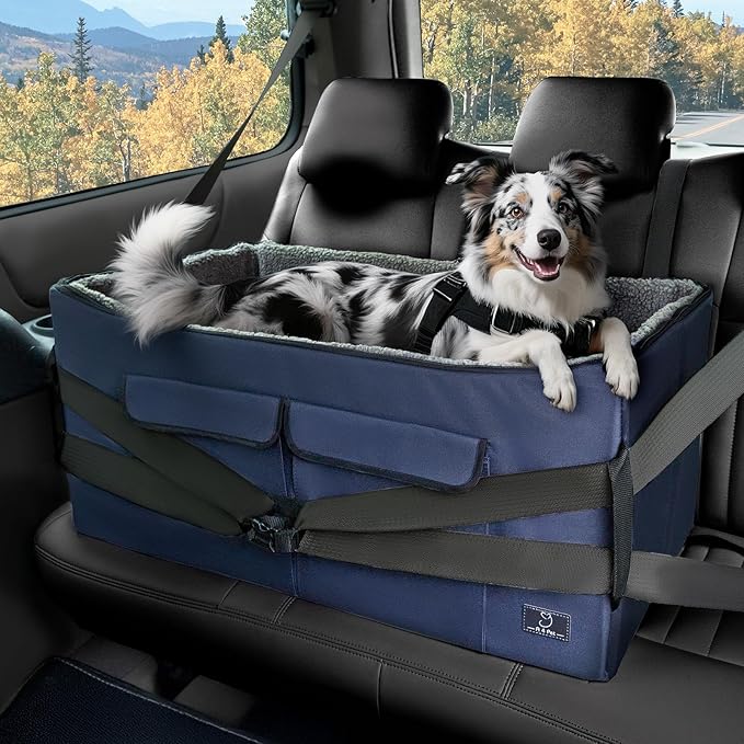 A 4 Pet Dog Car Seat for Medium/Large Dog or 2 Small Dogs, Booster Car Seat with Storage Bags and 2 Seat Belts, Pet Seat for Dogs Under 55 lbs-PurrikoPets