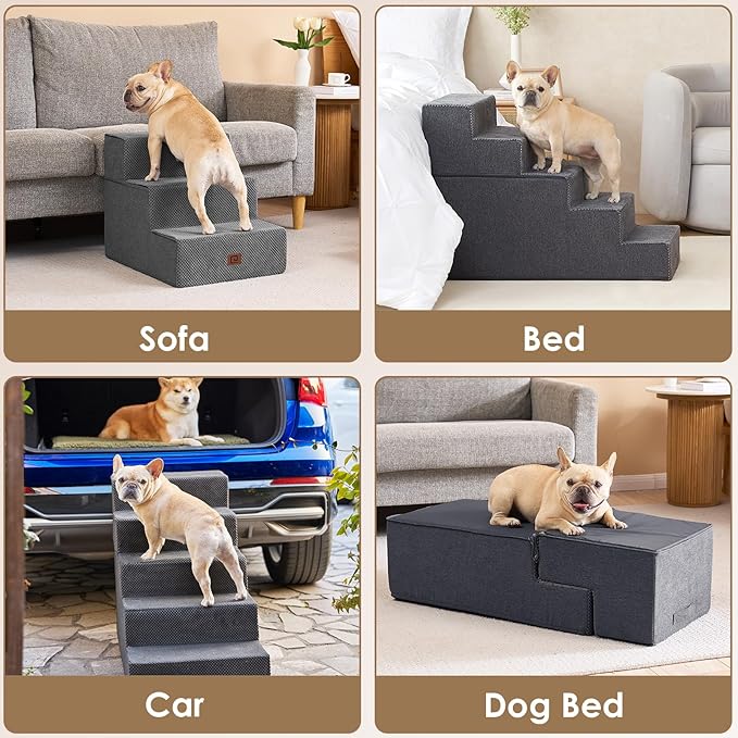 EHEYCIGA Dog Stairs for High Bed 25" H, 5-Step Extra Wide Dog Steps for Bed, Pet Steps for Small Dogs and Cats, Non-Slip Balanced Pet Ramp Indoor, Grey-PurrikoPets