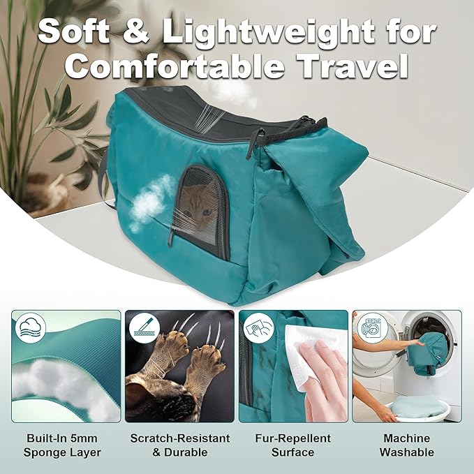 Dog Sling Carrier for Small Pets, Hands-Free Cat Carrier Pouch up to 8.8 lb, Cat Sling with Safety Strap and Pockets, Ideal for Travel and Daily Use, Peacock Blue-PurrikoPets