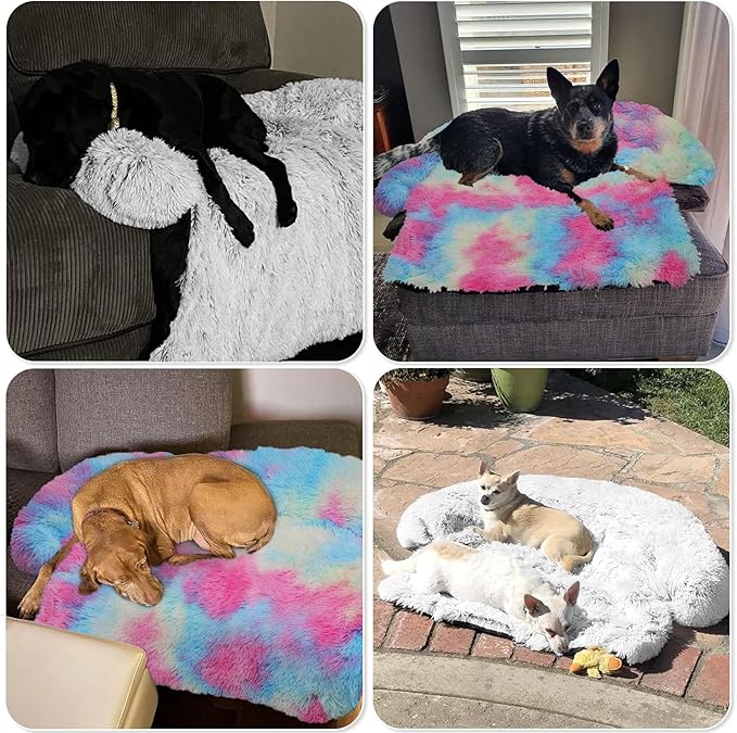 GGIB Calming Dog Bed Fluffy Plush Dog Mat for Furniture Protector with Removable Washable Cover for Large Medium Small Dogs and Cats (Large, Rainbow)-PurrikoPets