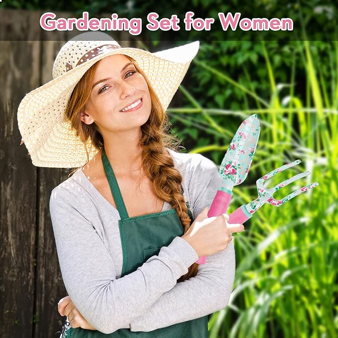 Gardening Tools, 8 Pcs Heavy Duty Floral Garden Tool Set Birthday Gifts for Women WANCHI Rose Red Gardening Kit (Garden Tool Bag Kneeling Pad Weeder Fork Hand Rake Pruning Shears Trowel Transplanter)-PurrikoPets