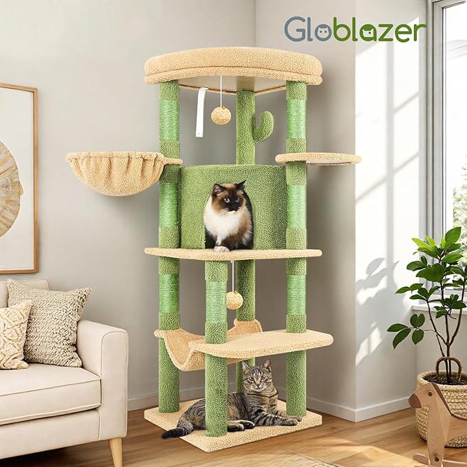 Globlazer Cactus Corner Cat Tree Tower with Scratching Post for Indoor Cats, 51in Multi-Level Cat Condo Tower with Large Hammock, Fan-Shaped Padded Perch, Spacious Cat Cave, Hanging Basket, C51, Green-PurrikoPets