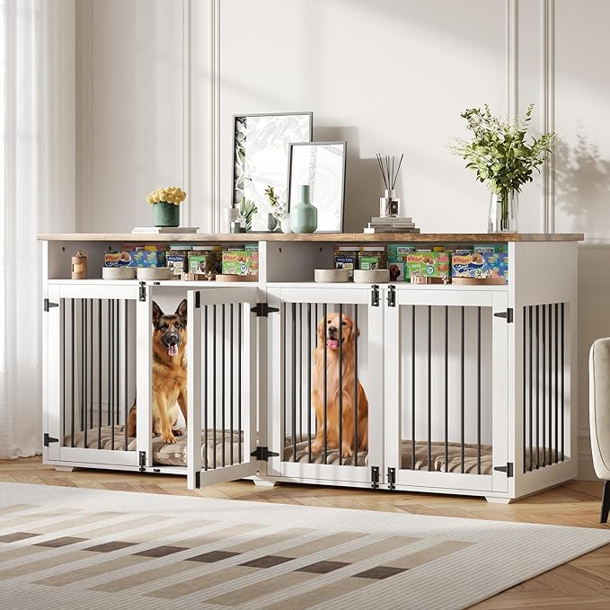72'' Dog Crate Furniture for 2 Dogs, Wooden Dog Cage with Storage Compartment, Indoor Dog Kennel with 4 Doors for Large/Medium Dogs, White-PurrikoPets