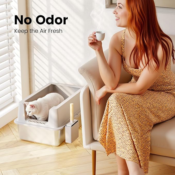 2 Pack Stainless Steel Cat Litter Box - Enclosed XL Metal Kitty Litter Box with Lid for Big Cats, High Sided, Anti-Leakage, Easy Cleaning, Non-Sticky, Included Cat Litter Spoon-PurrikoPets