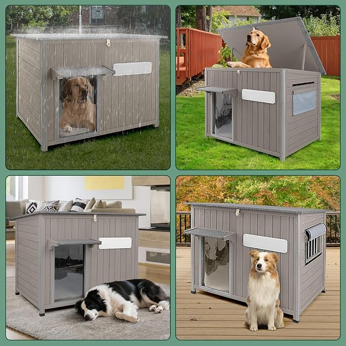 43.3" L Large Outdoor Dog House Weatherproof Doghouse for Medium to Large Dogs with Anti Bite Frames Wooden Dog Kennel with Window,8 Elevated Feet,Reinforced Bottom for Pet Up to 180 LBS-PurrikoPets
