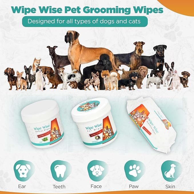 100 Pet Wipes (8x8'' Unscented) - 100 Ear Wipes (Coconut) - 50 Dental Wipes (Mint Infused) for Dogs & Cats, 250 Wipes, Alcohol-Free, Safe & Gentle- Great Value Bundle, Pet Care-PurrikoPets