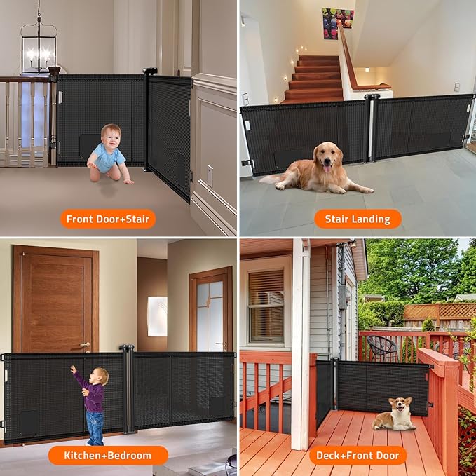 2-in-1 Retractable Baby Gates, 41" Tall Mesh Dog Gate with Cat Door 1-Pack, One Side Up to 71" Wide, Total 142" Wide, Long Retractable Pet Gate for Stairs Landing Indoor Outdoor-Black-PurrikoPets