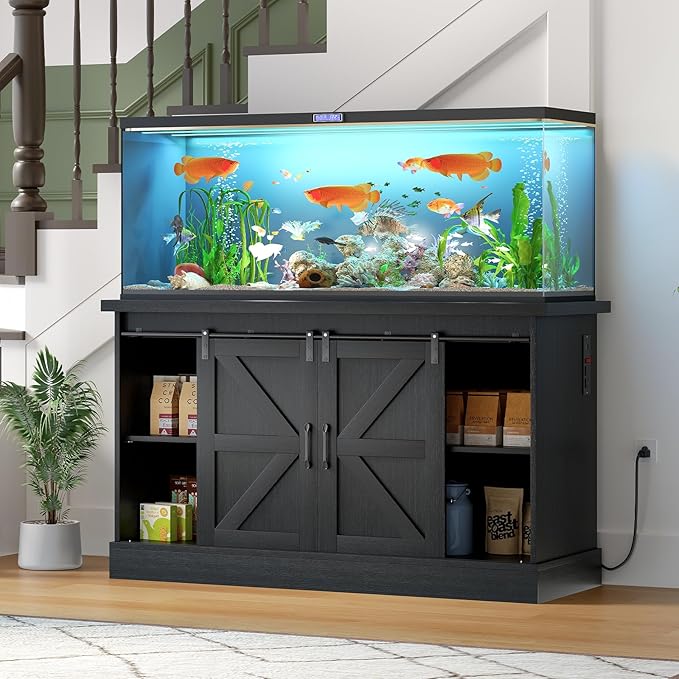 55-75 Gallon Fish Tank Stand with Sliding Barn Doors & Power Outlet, Heavy Duty Aquarium Stand with Cabinet Storage for Fish Tank, Turtle Tank, Reptile Terrarium, 1000LBS Capacity, Black-PurrikoPets