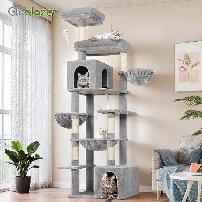 Globlazer Tall Cat Tower, 76 inch Multiple Level Cat Climbers for Indoor Cats, XL Cat Tree with 5 Scratching Posts, 2 Cat Condos, Hammock, 2 Hanging Baskets, F76B, Light Grey-PurrikoPets